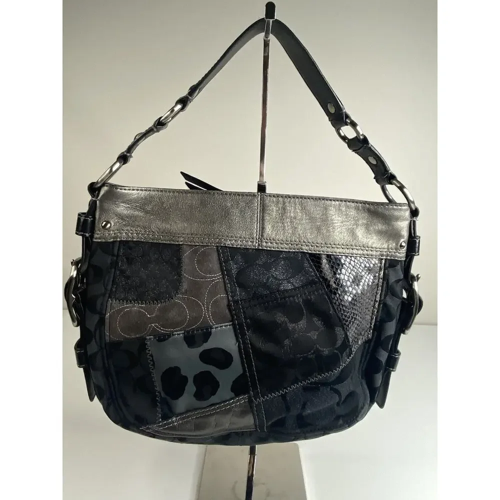 Coach Zoe Patchwork Silver Animal Print Black Gray Purse Suede Model f0873-12901 - Picture 14 of 16